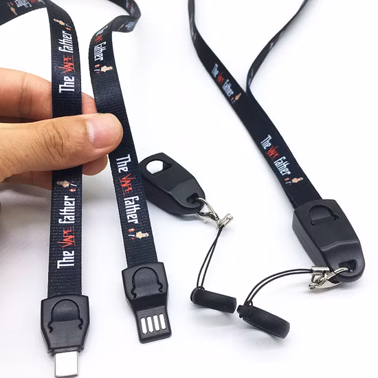 Precio al por mayor Nuevo regalo de promoción Cordón USB Correa para el cuello Cable cargador Cordones Tipo C 3 en 1 Cable de datos para teléfono